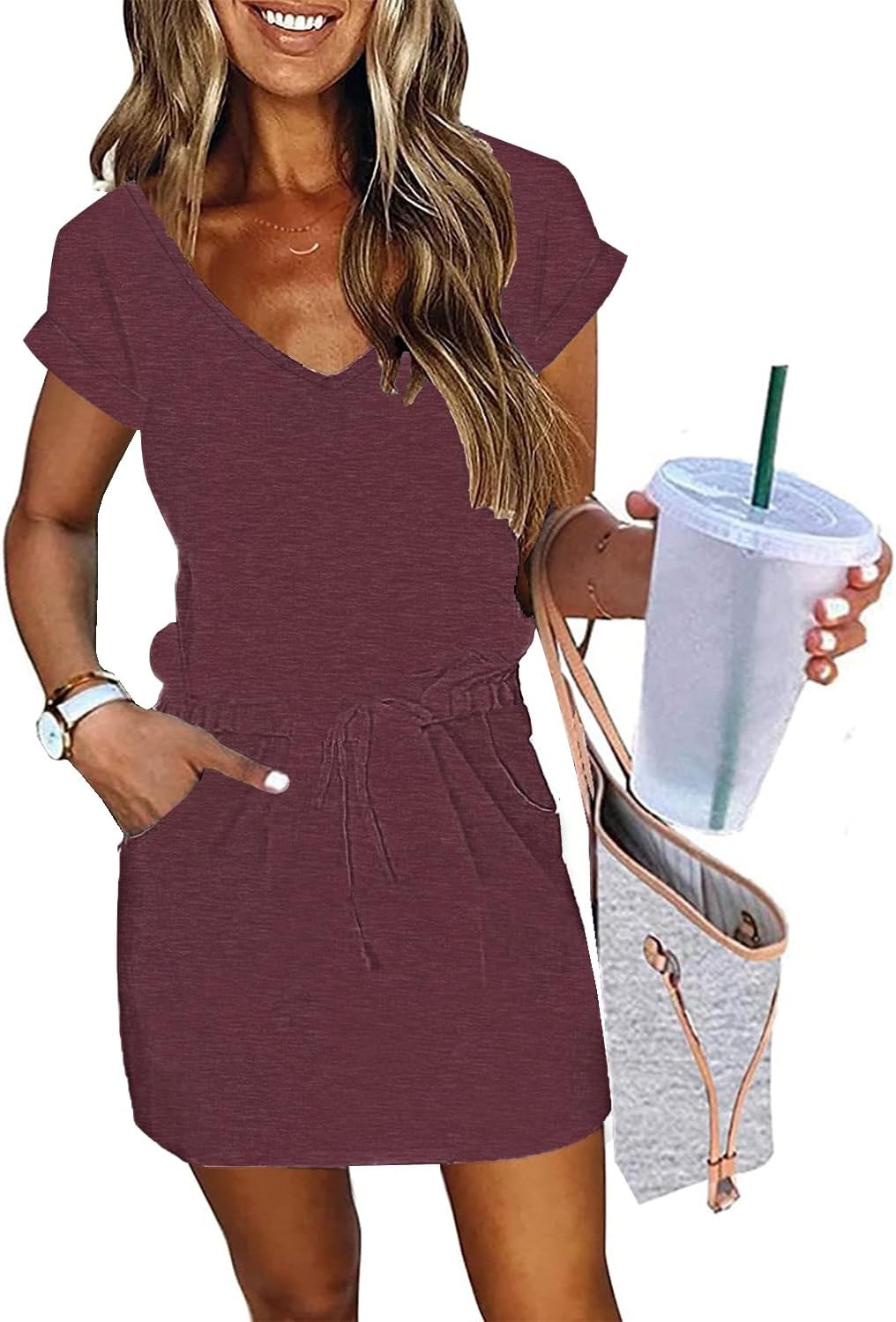 Womens Summer Dress with Lantern Sleeves and Tie Front Design