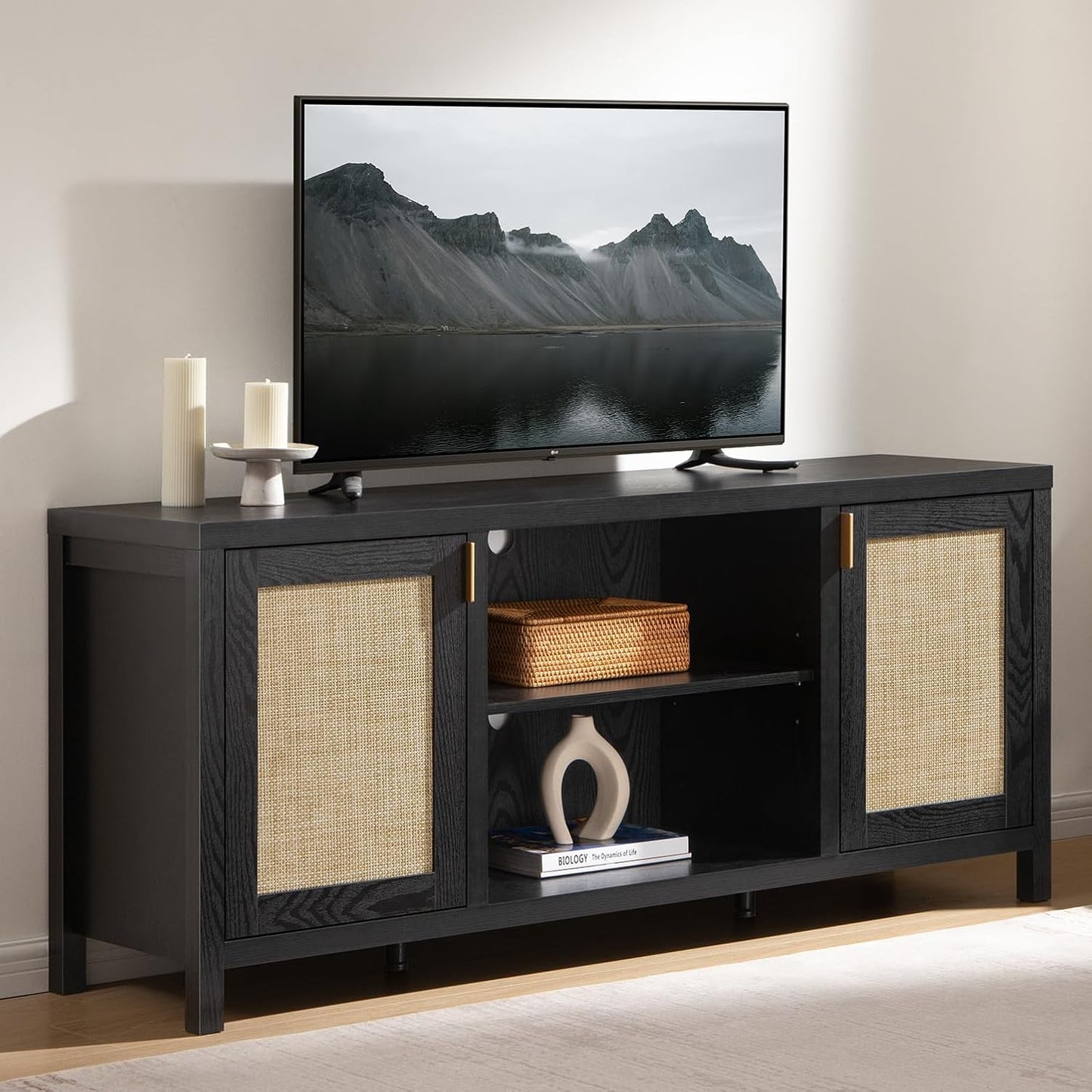 Farmhouse TV Stand w/ Storage & Wicker Door - Fits 65 TVs, Black Oak