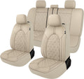Beige/Beige Line PU Leather Car Seat Covers Full Set - Waterproof