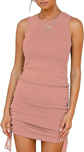 BTFBM Women Sleeveless Bodycon Ruched Short Dress for Summer