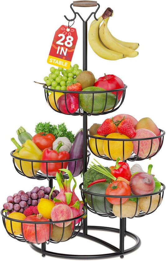 5 Tier Fruit Basket Tower Stand with Banana Hanger for Kitchen