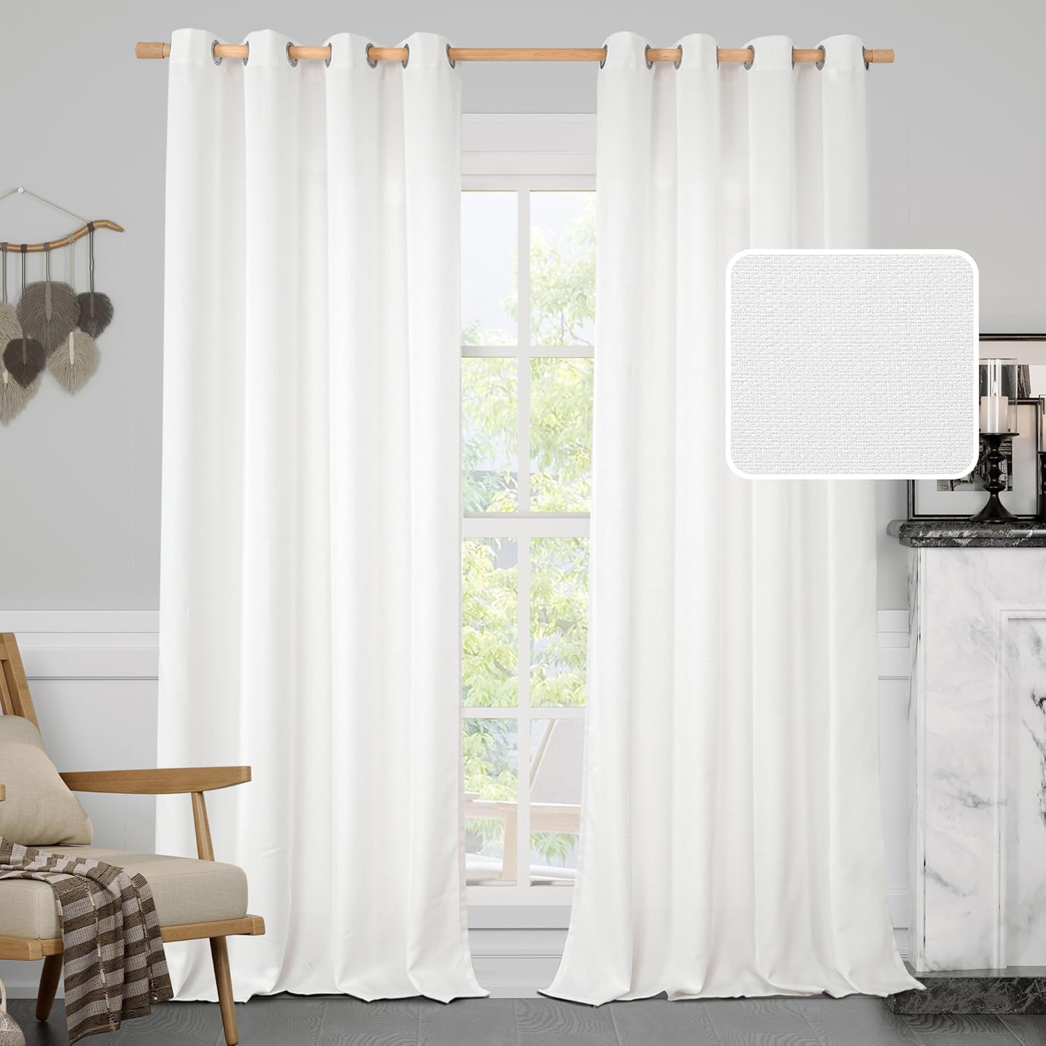LAMIT White Linen Curtains for Bedroom, 108 Inch Light Filtering