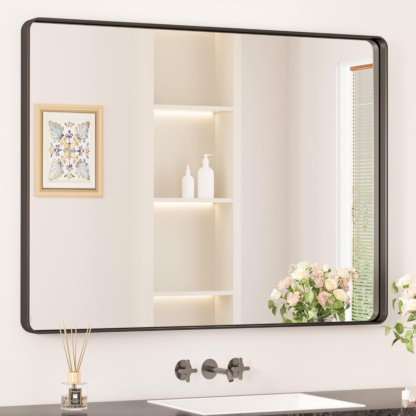 Keonjinn Black Framed Mirror for Bathroom 40 x 30 Inch Style
