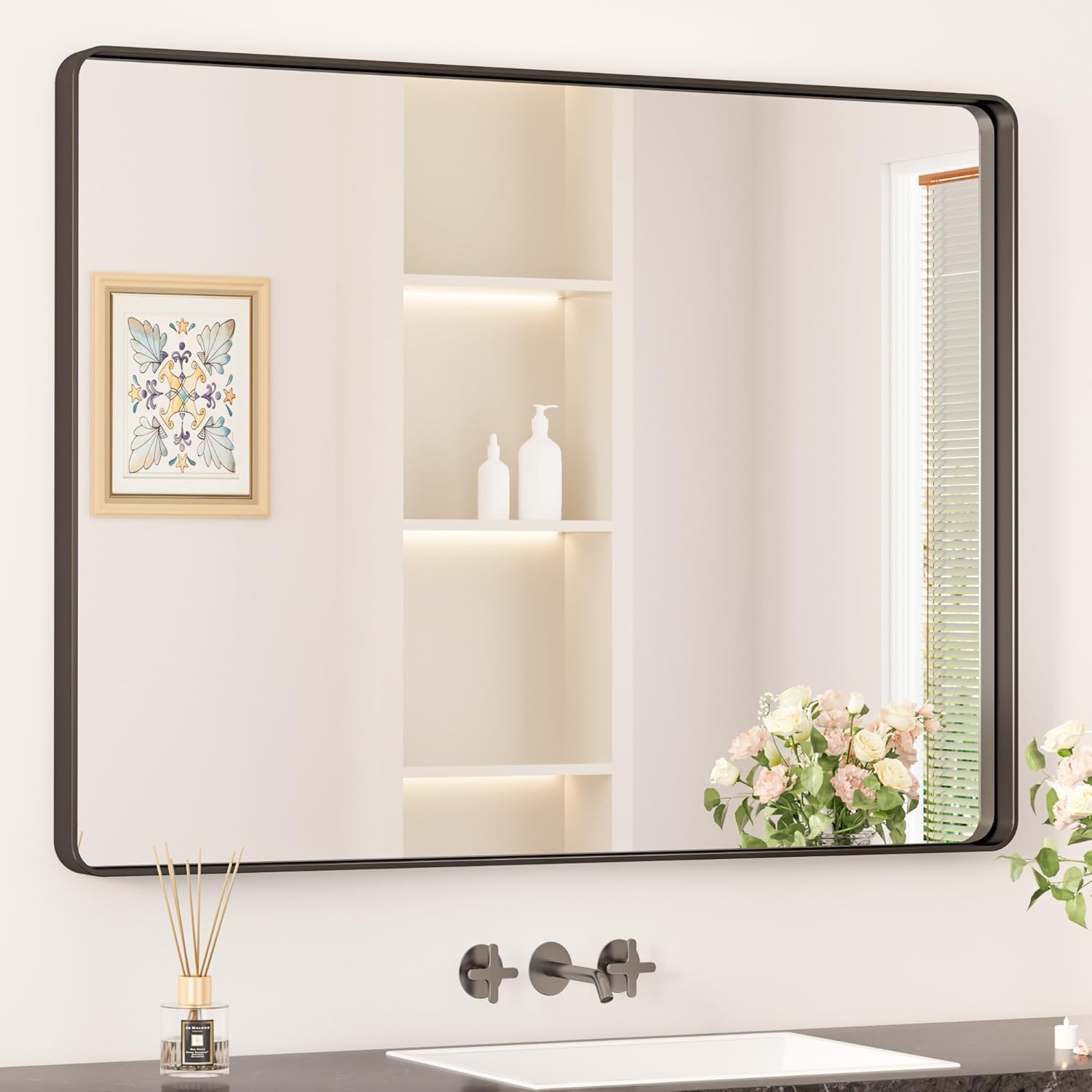 Keonjinn Black Framed Mirror for Bathroom 40 x 30 Inch Style