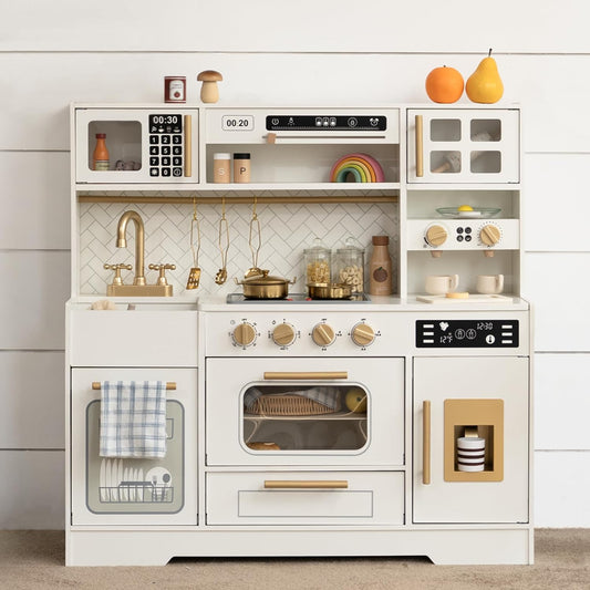 Wooden Play Kitchen for Kids with Realistic Appliances & Storage