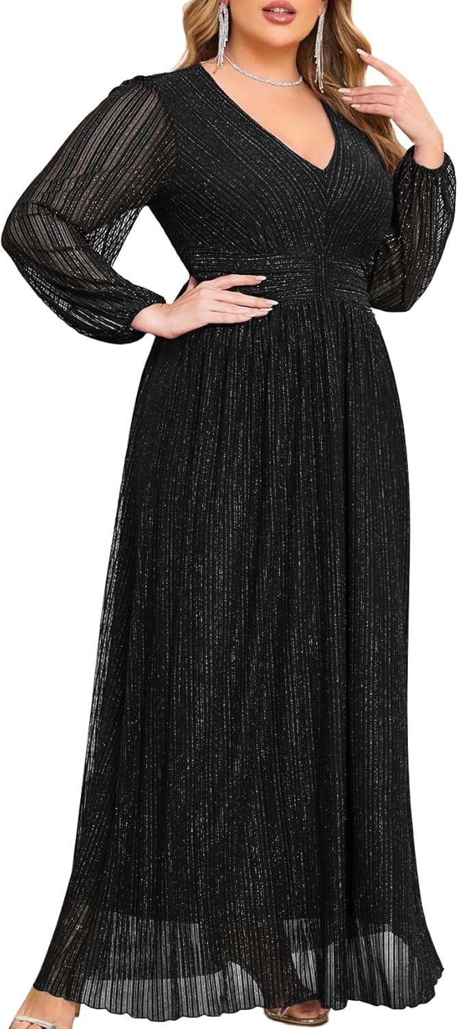Plus Size Maxi Formal Dress with Sparkly V-Neck and Ruffles