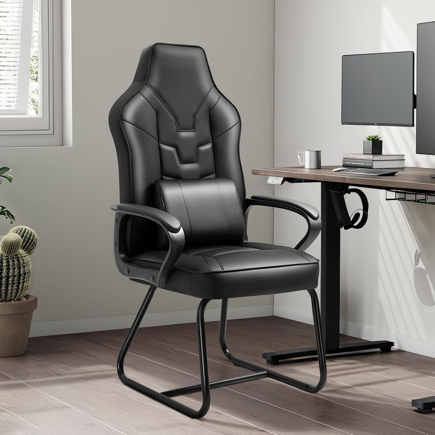 High Back Leather Guest Chair with Waist Pillow for Ultimate Comfort