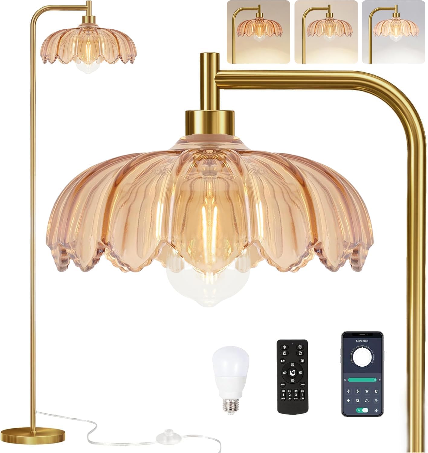 Brass Dimmable Floor Lamp Gold Glass by QIYIZM 65in