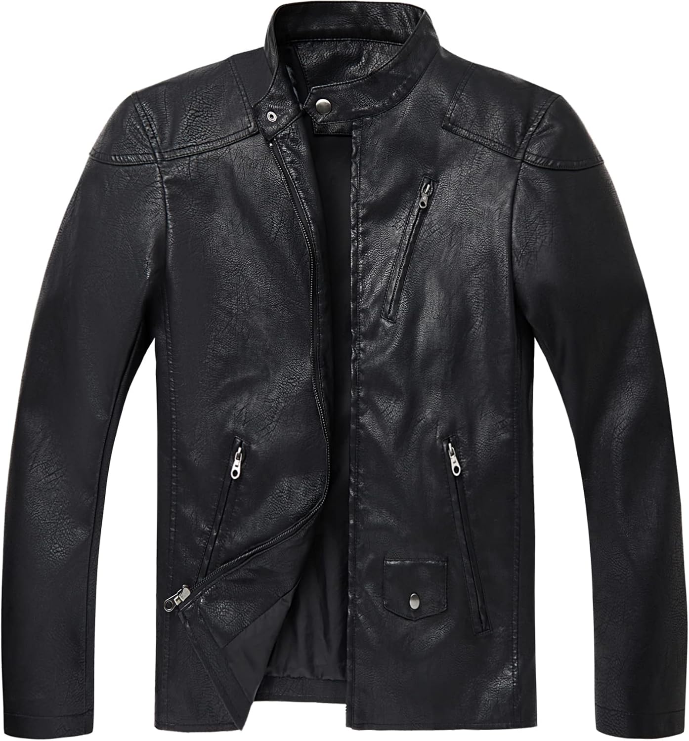 WULFUL Men's Stand Collar Leather Jacket for All Seasons