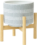 Ceramic Plant Pot with Wood Stand - Slate Blue Dot-Line Planter