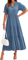Women's Summer Button Midi Dress - Flowy Pleated Boho