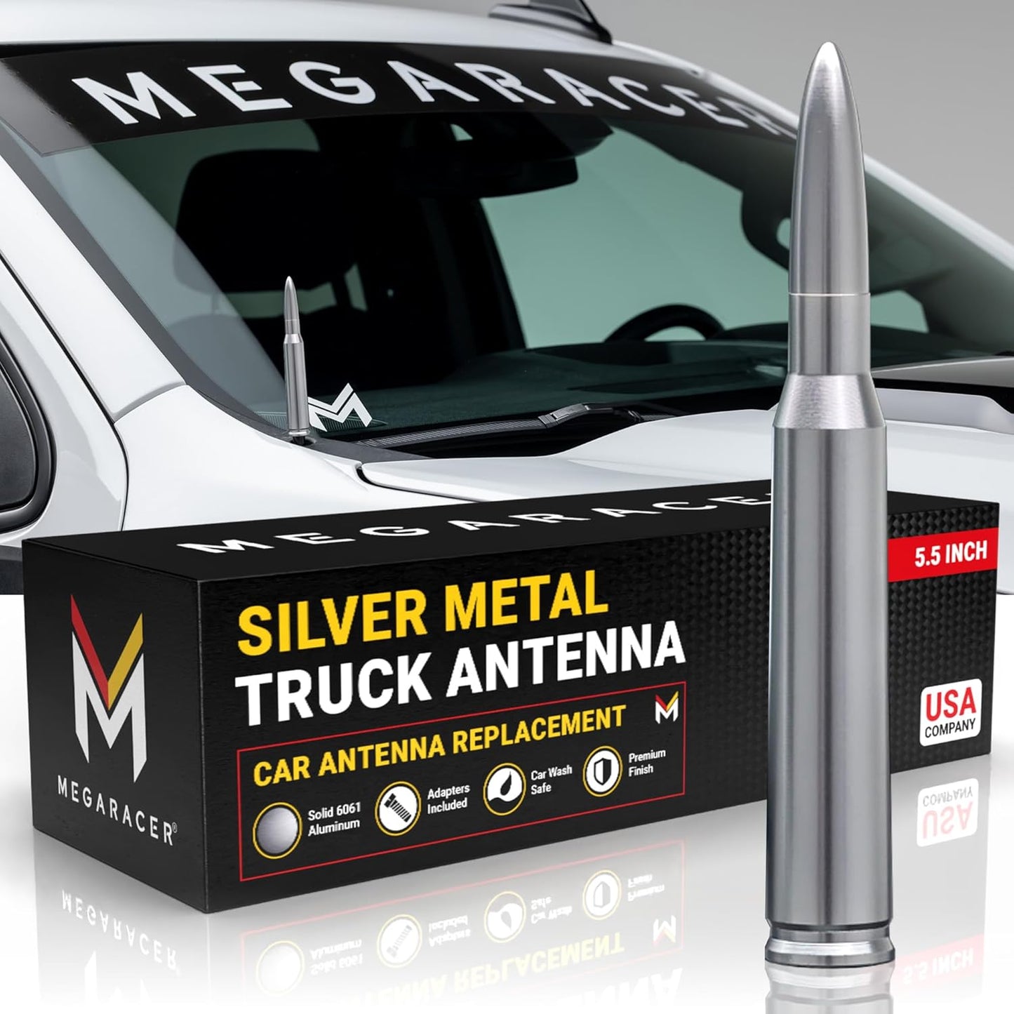 Silver Universal 50 Cal Bullet Antenna for Trucks and SUVs