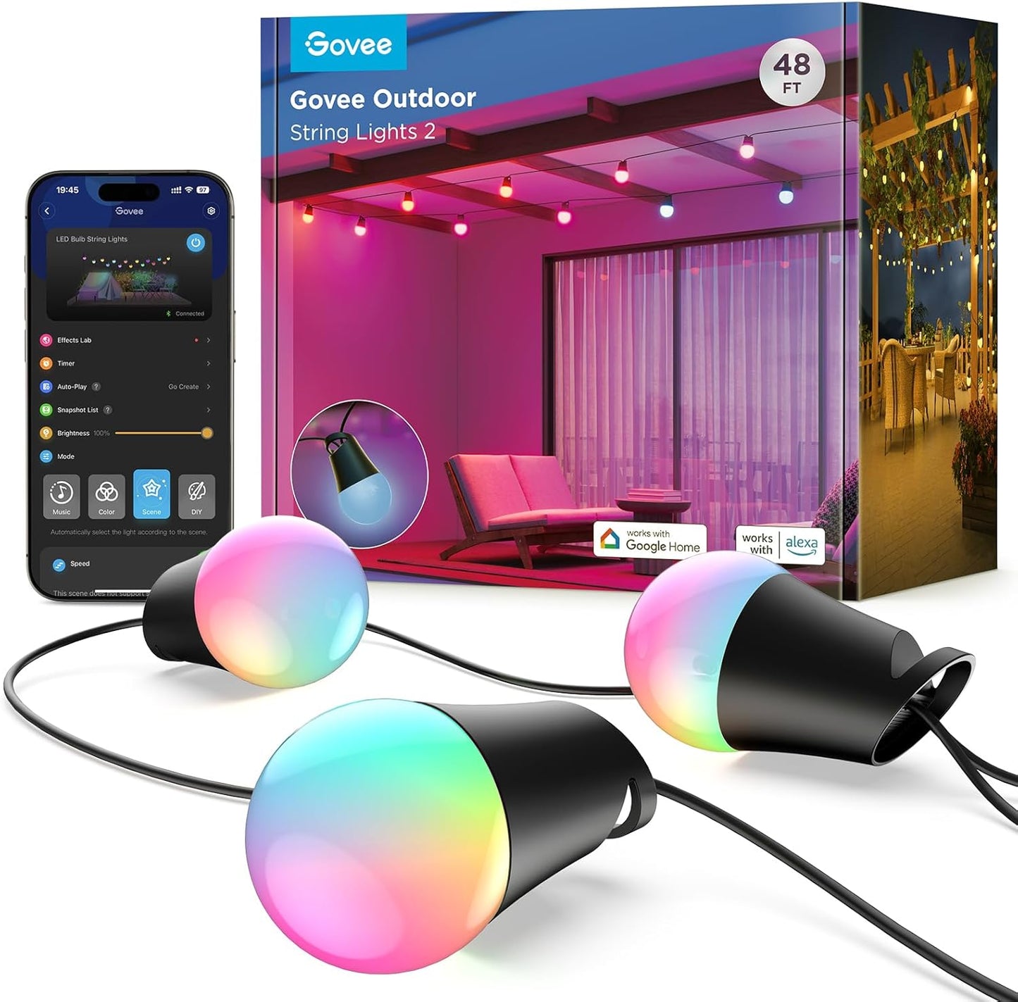 Govee Smart Outdoor String Lights 48ft with Dimmable LED Bulbs