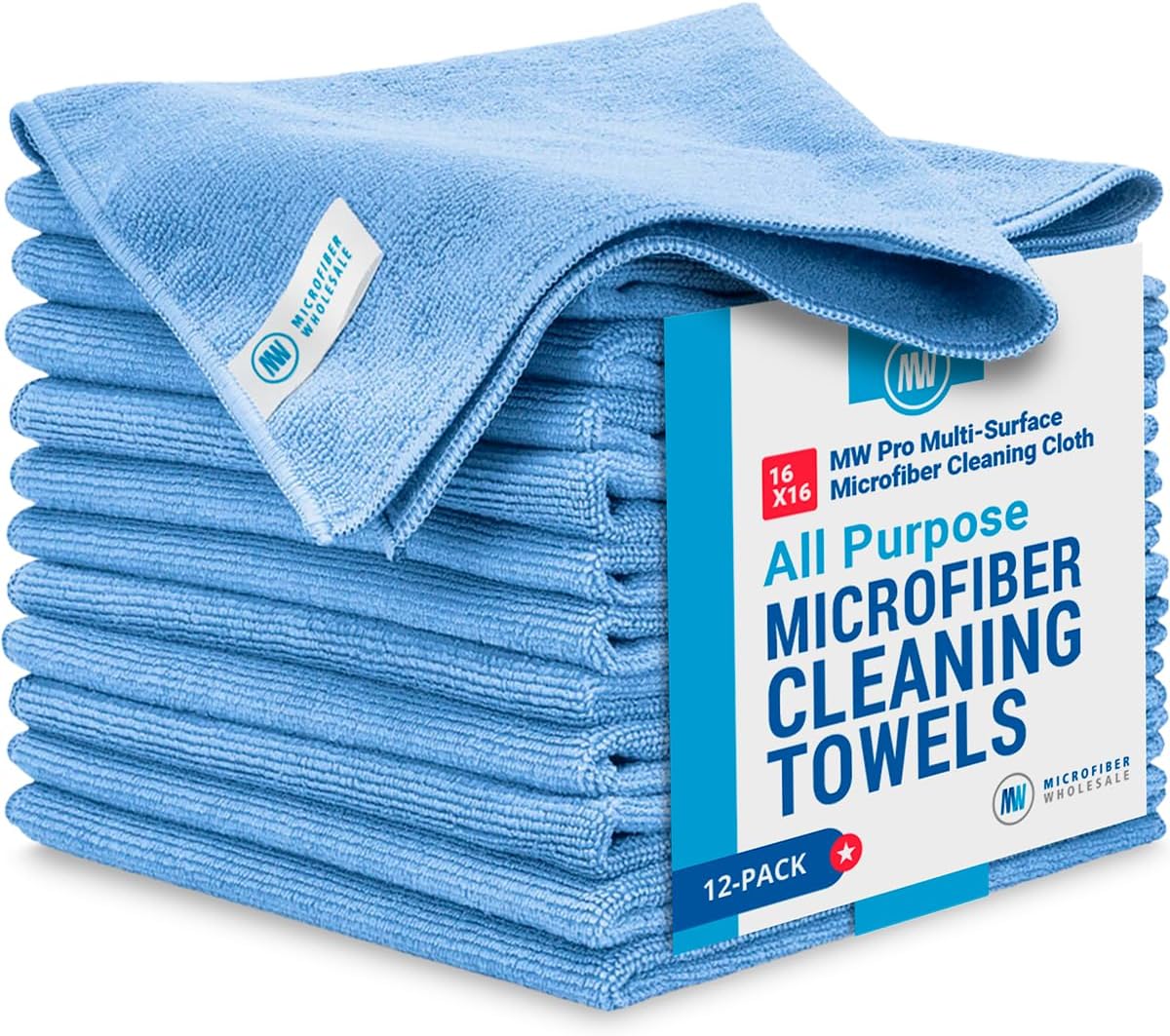 MW Pro 12-Pack Premium Microfiber Towels | Clean, Buff & Shine All Surfaces! | XL 16x16 (Blue)