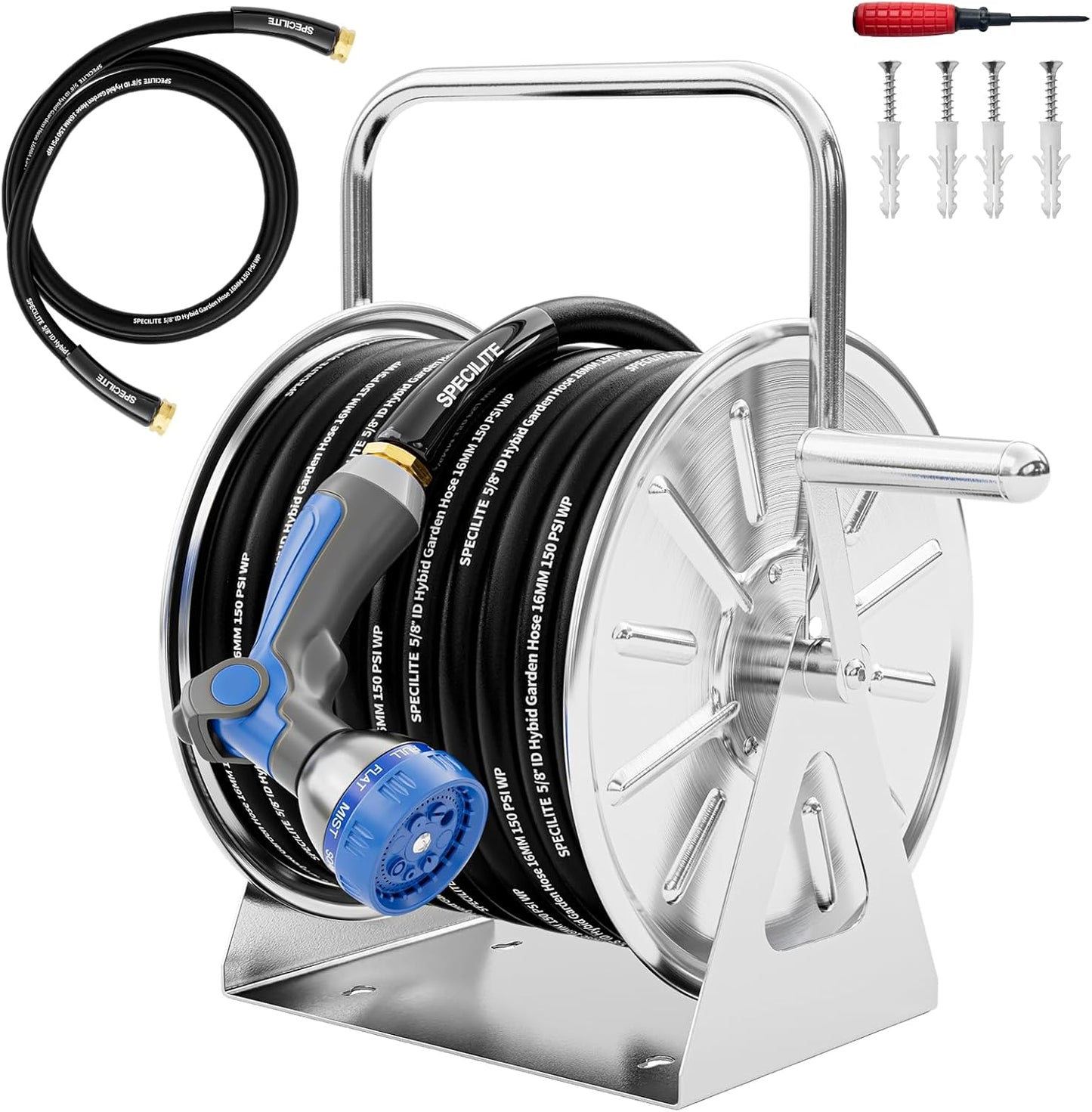 Stainless Steel Garden Hose Reel with 75FT Hybrid Rubber Hose