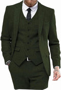 Mens Tweed Herringbone Wedding Suit Prom Tuxedos 3 Piece Peak Lapel