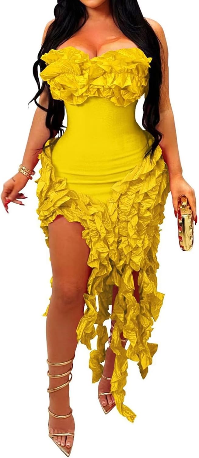 IyMoo Women Sexy Strapless Ruffle Bodycon Dress for Parties