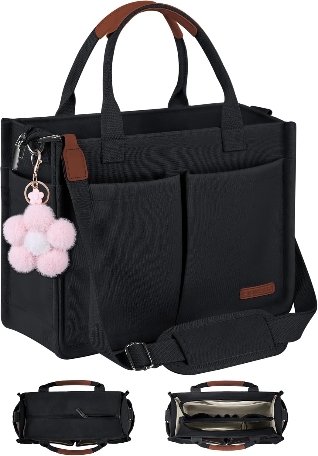 FIORETTO Womens Canvas Tote Bag with Zipper Top & Compartments