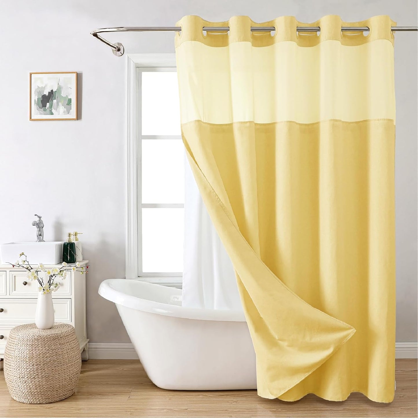 Long No Hooks Needed Linen Textured Shower Curtain Set for Luxury