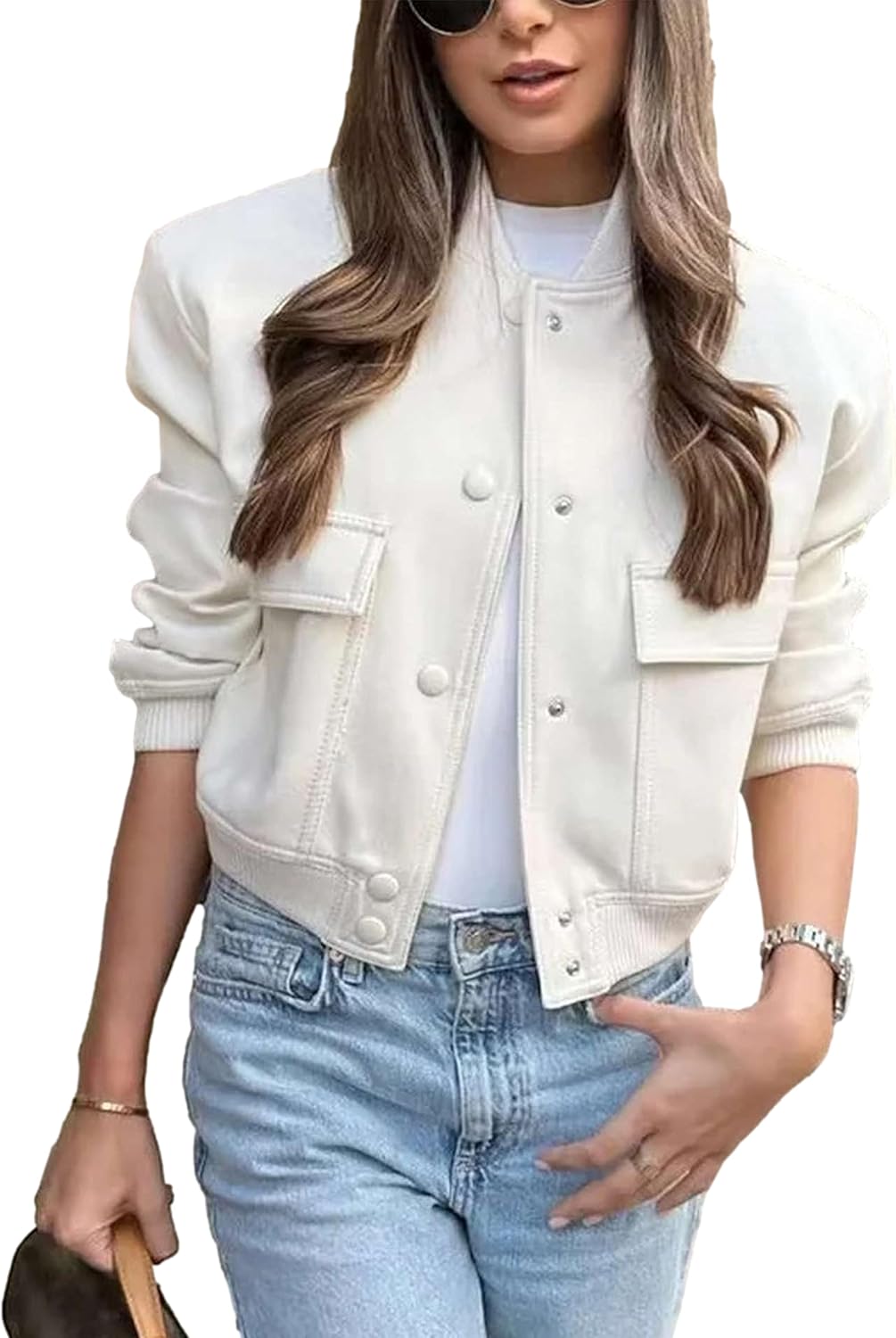 Womens Cropped Bomber Jacket with Button Down Closure and Pockets