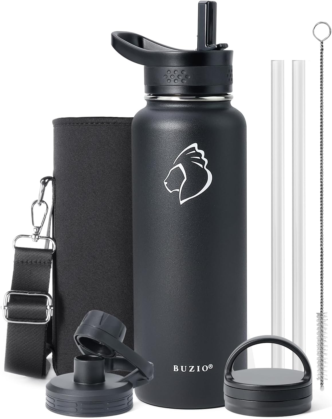 BUZIO 40 oz Insulated Water Bottle with Straw & Lids