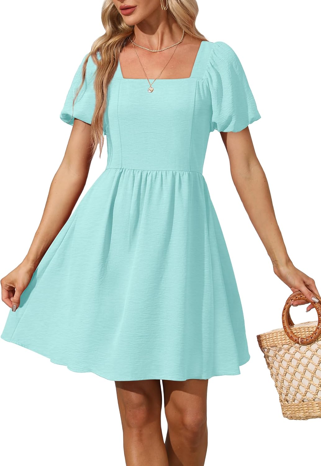 OFEEFAN Women Puff Sleeve Square Neck Tie Back Dress with Zipper
