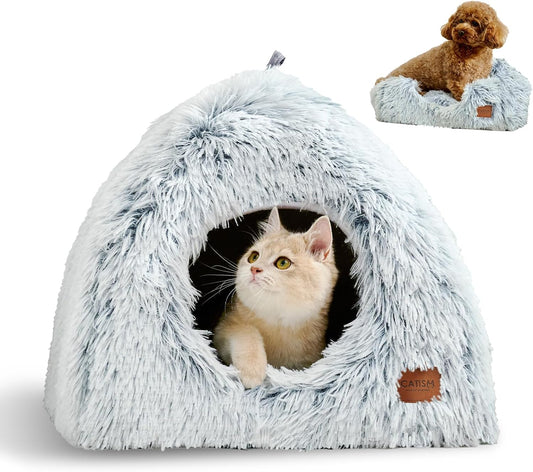 CATISM Cat Beds for Indoor Cats - 2 in 1 Soft Plush Cave Bed