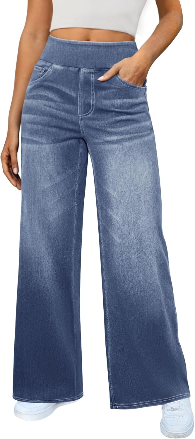 Women's Wide Leg Jeans High Waisted Stretchy Denim Pants