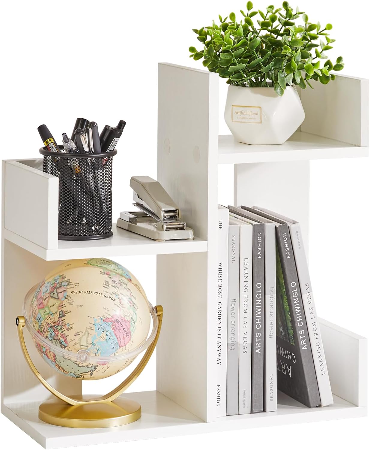 Small White Desk Organizer - 2 Tier Cactus Bookshelf for Home