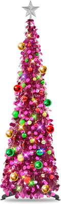 Fuchsia Tinsel Pop Up Christmas Tree 5Ft - Slim Sparkling Decor