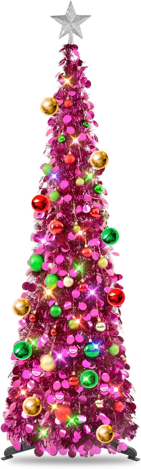 Fuchsia Tinsel Christmas Tree with Lights & 30 Balls, 5Ft