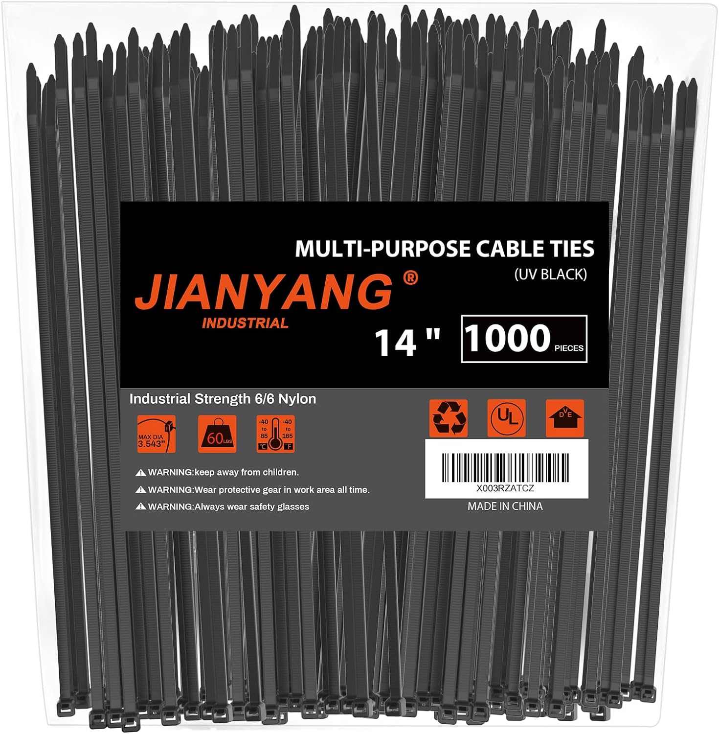 JIANYANG 14 Heavy-Duty Black Zip Ties - 1000 Pack, 60LBS Tensile Strength