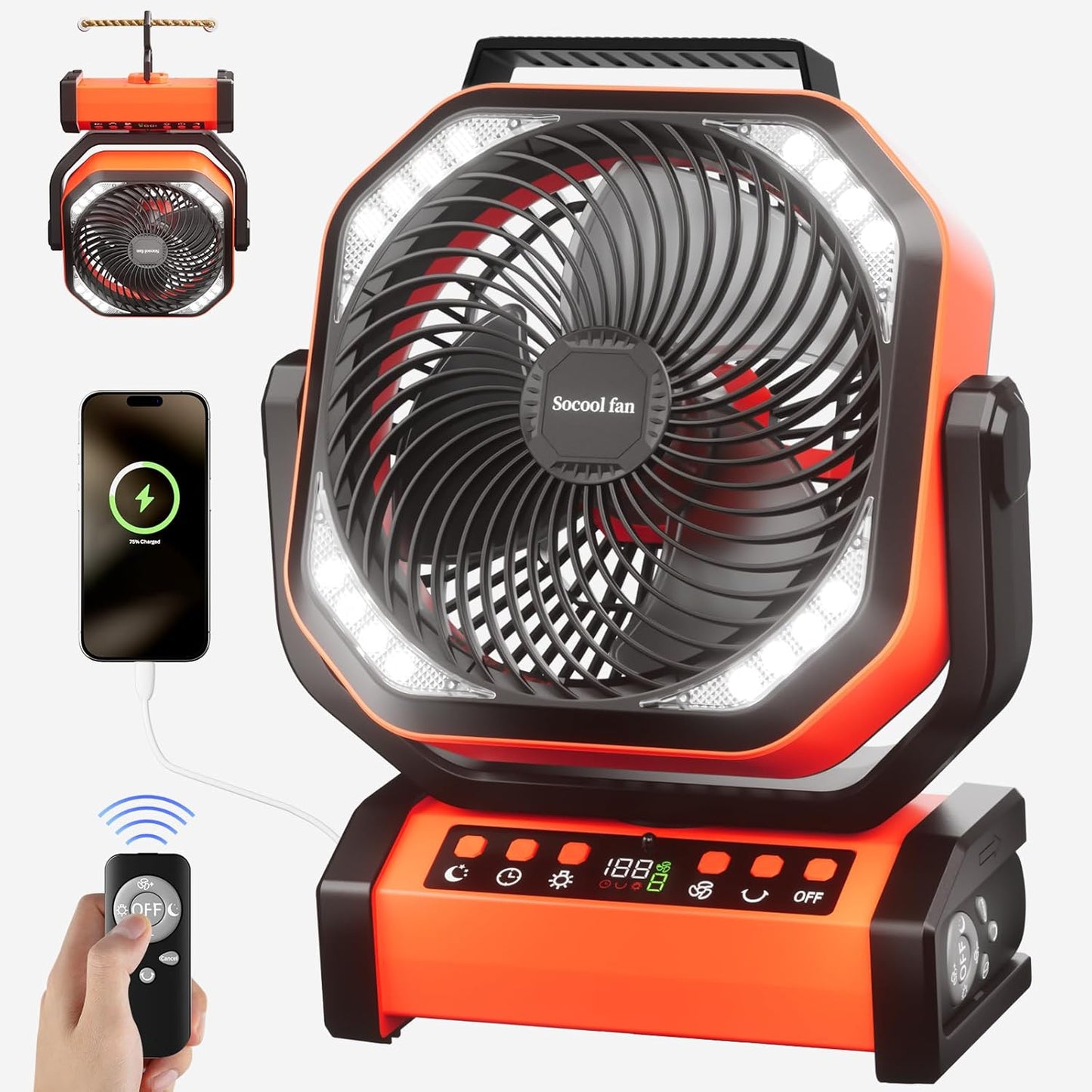 Socool Camping Fan - Remote Control, 112H Playtime, 9 Speeds
