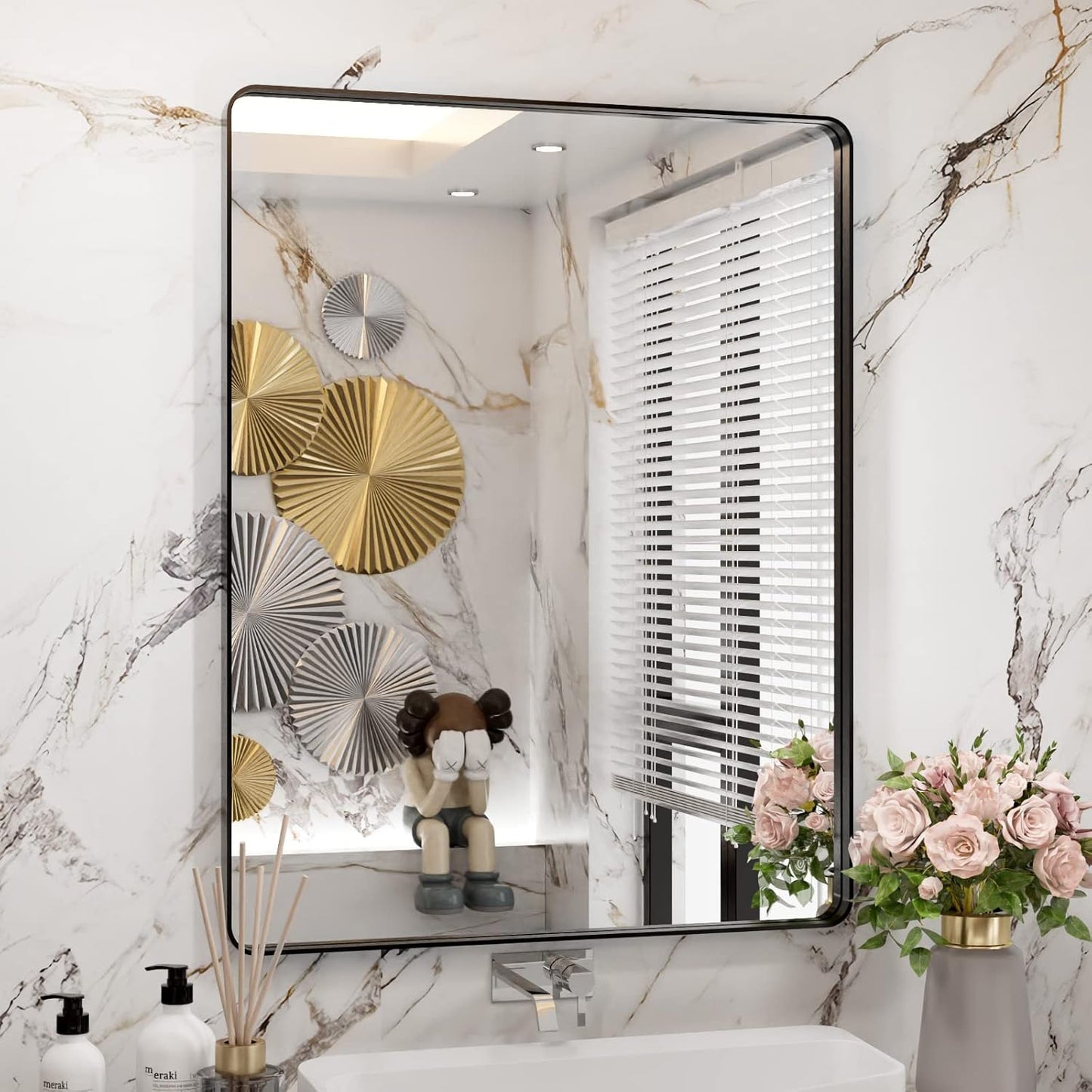WEER Black Bathroom Mirror 28X36 Inch with Rounded Corners