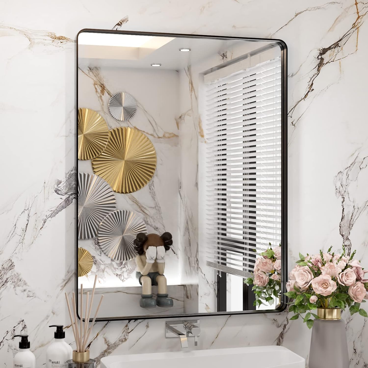WEER Black Bathroom Mirror 28X36 Inch with Rounded Corners