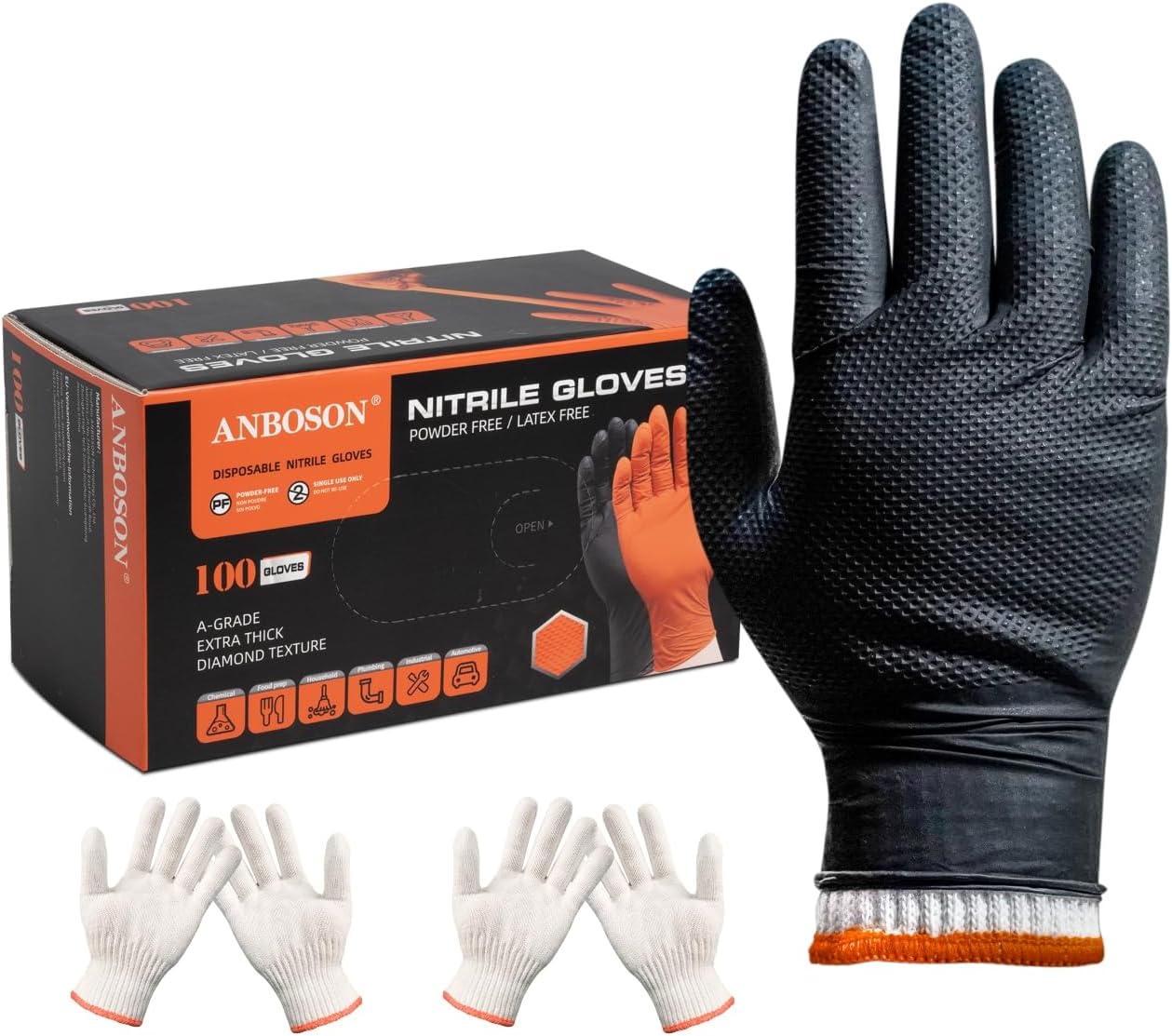 ANBOSON BBQ Gloves: 100 Disposable Nitrile + 4 Cotton Liners