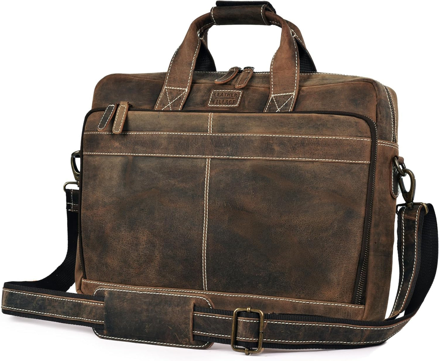 18in Leather Laptop Messenger Briefcase Bag for Men - Rustic Brown