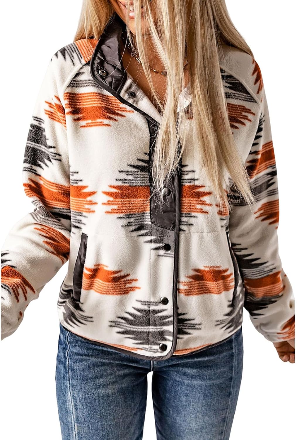 Womens Fleece Jacket with Western Aztec Print and Pockets