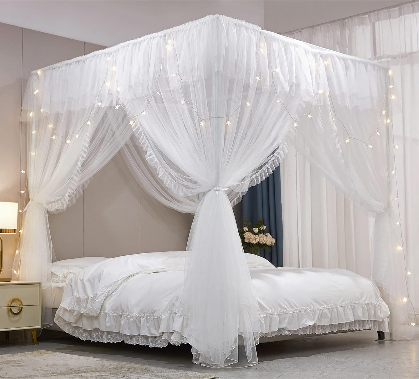 VETHIN 4 Corners Post Ruffle Princess Bed Canopy Curtain