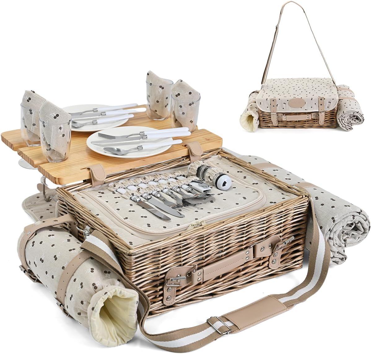 Multifunctional Wicker Picnic Basket Set for 4 with Blanket