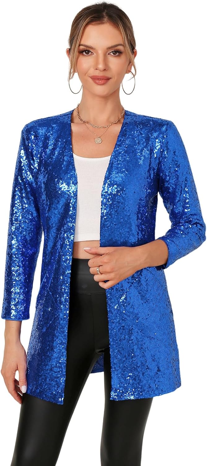Women's Sequin Jacket Long Sleeve Open Front Blazer for Parties