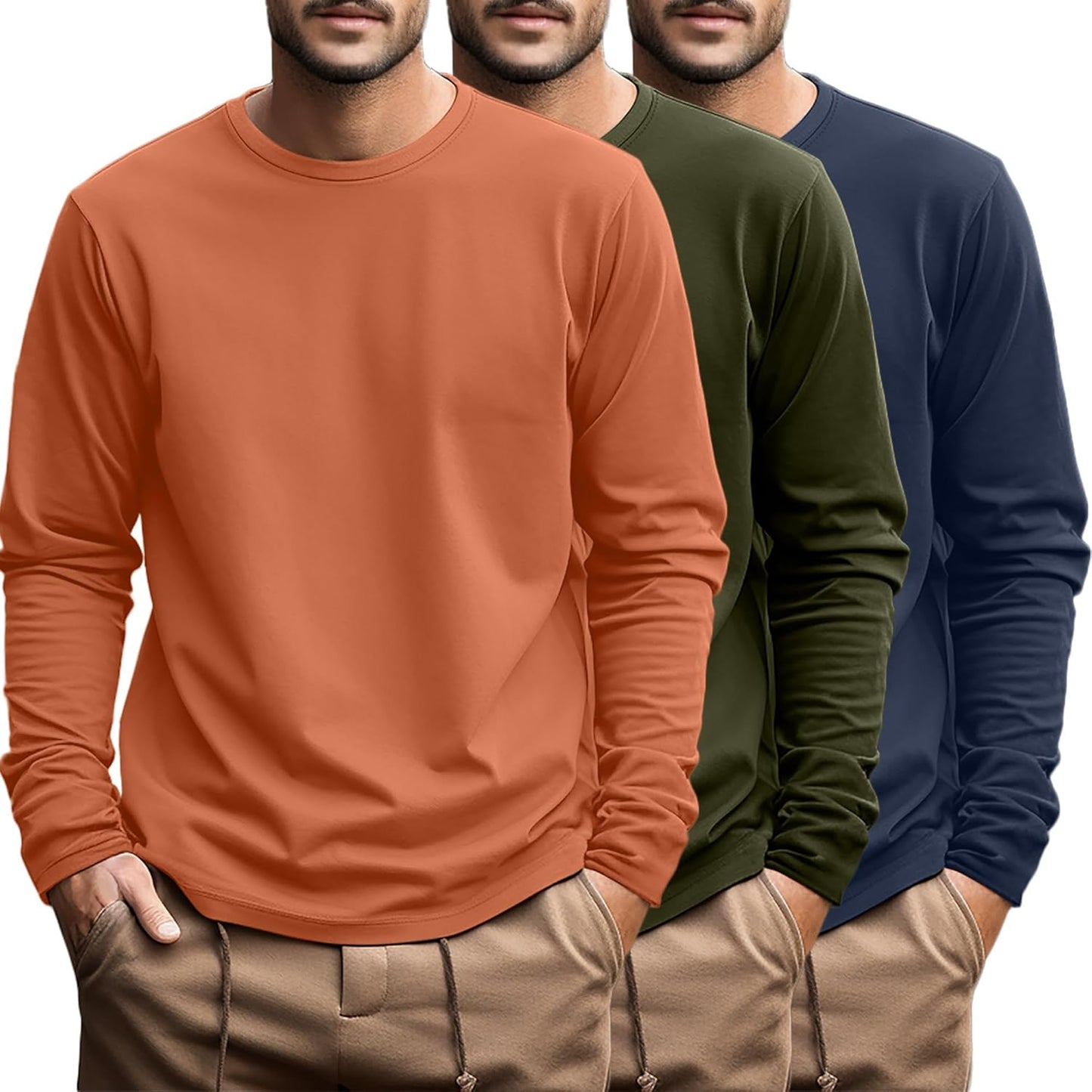 Ficerd 3 Pack Men's Big and Tall Long Sleeve Cotton Tees