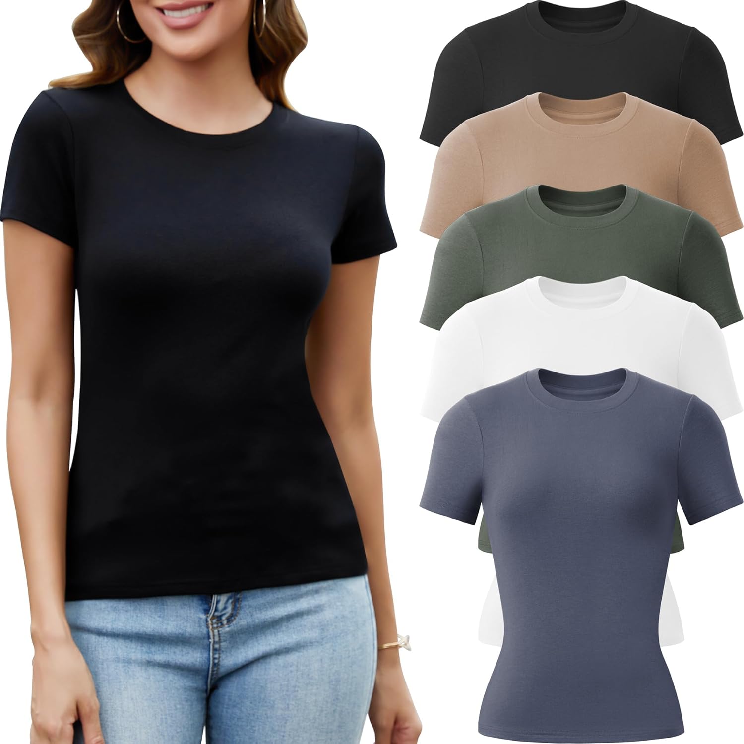 5 Pack Crew Neck T Shirts for Women - Casual Fitted Tops