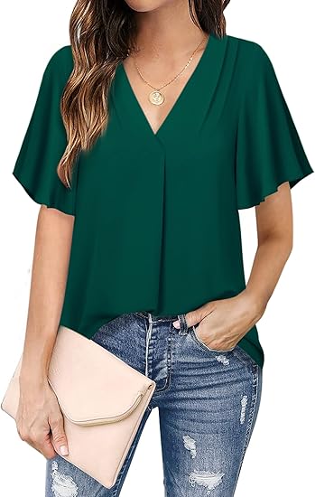 Timeson Women's V Neck Chiffon Blouse with Ruffle Sleeves
