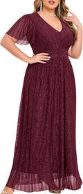 Plus Size Maxi Formal Dress Sparkly V-Neck A-line Ruffle Sleeves Shoes