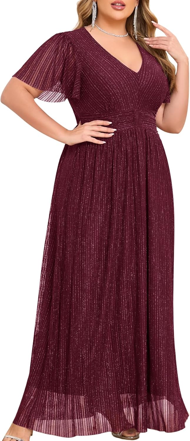 Plus Size Maxi Formal Dress with Sparkly V-Neck and Ruffles