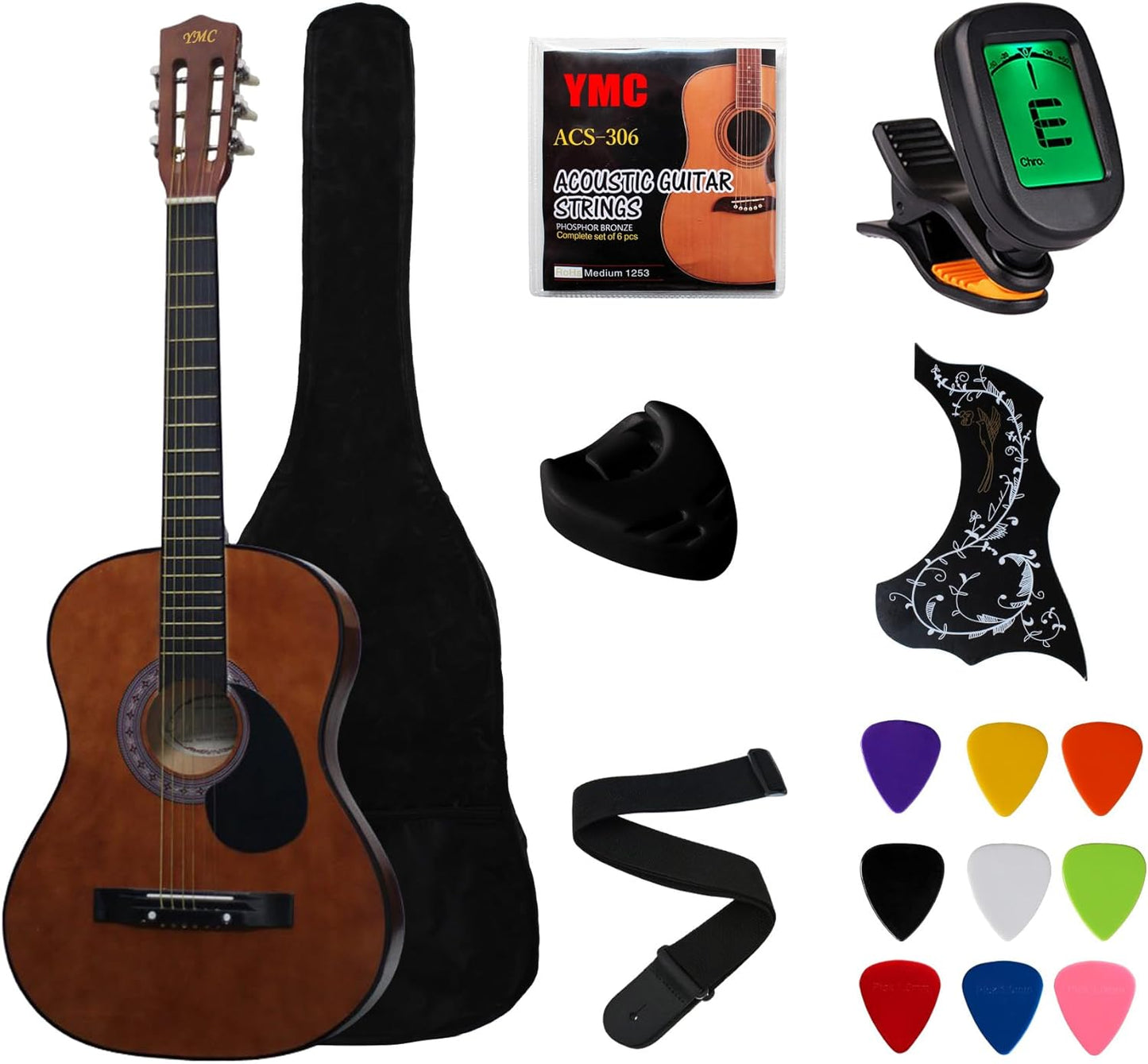 YMC 38 Inch Coffee Acoustic Guitar Starter Package for Students