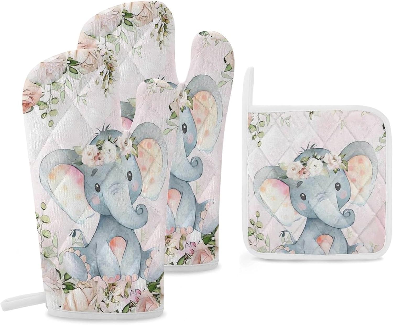 Cute Elephant Oven Mitt Set - Heat Resistant Kitchen Gloves