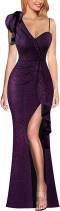 One Shoulder Beaded Ruffle Maxi Dress - Elegant Ruched Slit Gown