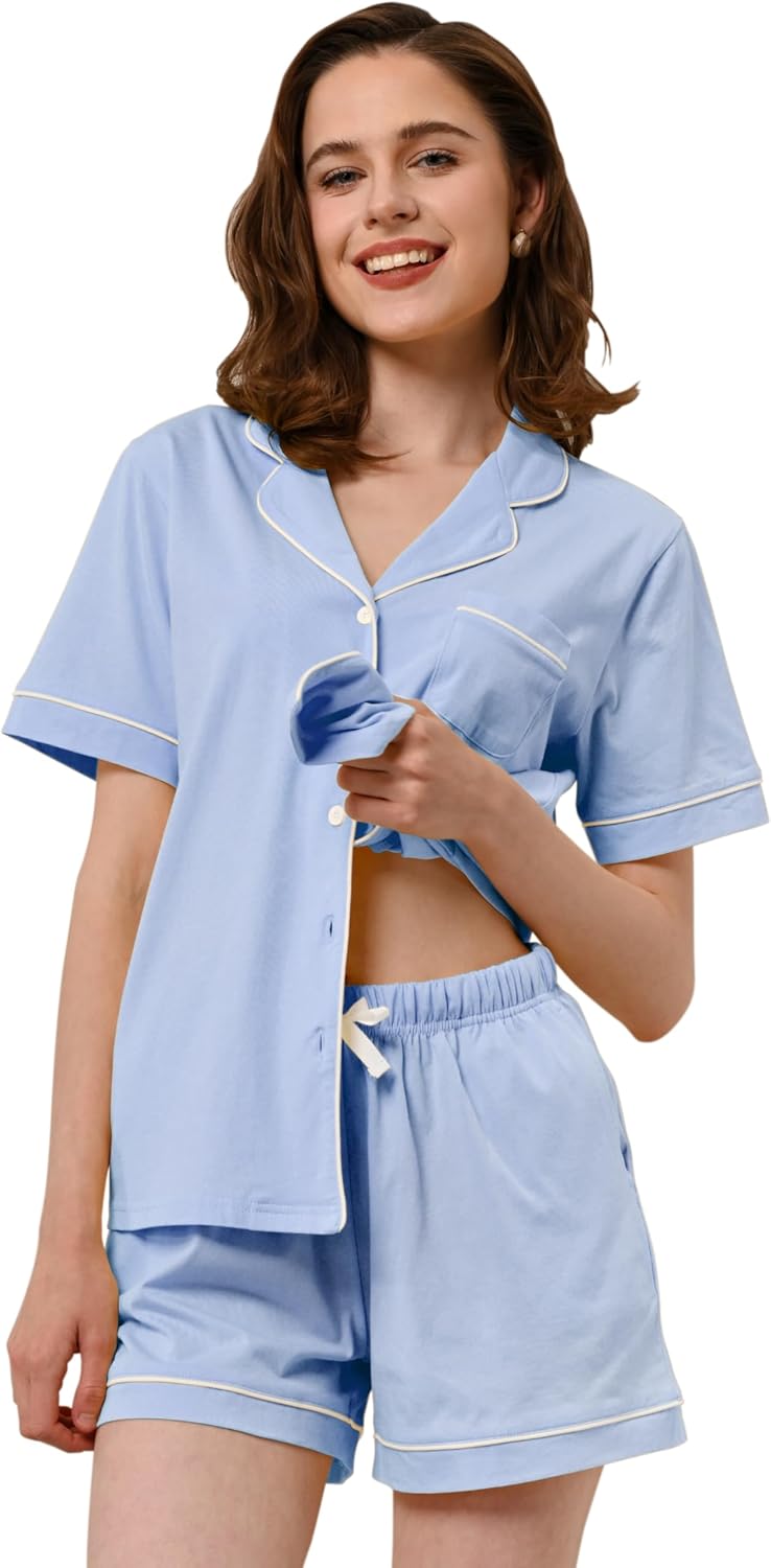 100% Cotton Pajamas for Women - Soft Sleepwear Set with Pockets